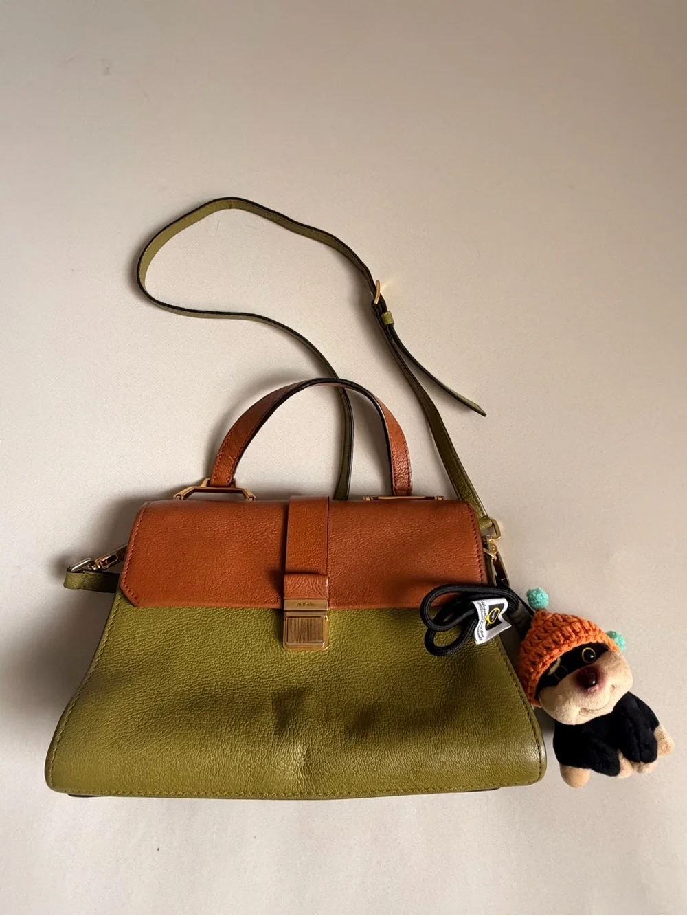 Miu Miu Green/Cognac Madras Leather Pushlock Flap Top Handle Bag